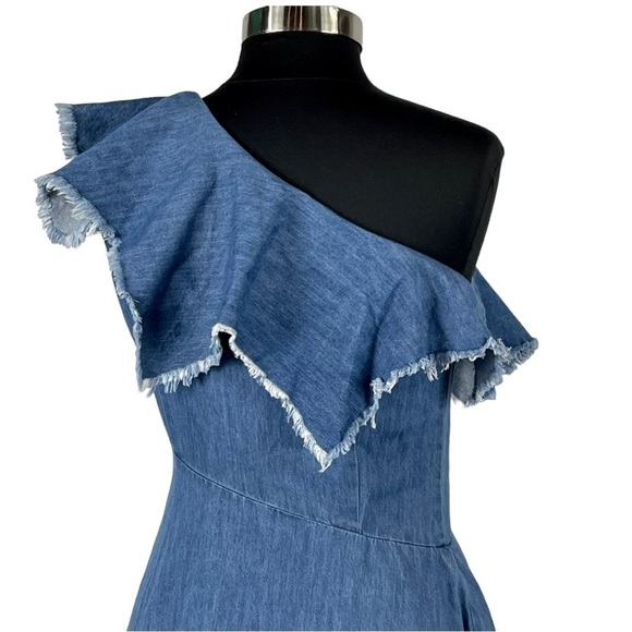 TOV HOLY DENIM ONE SHOULDER RAW HEM RUFFLE HIGH LOW MIDI DRESS - Picture 12 of 16